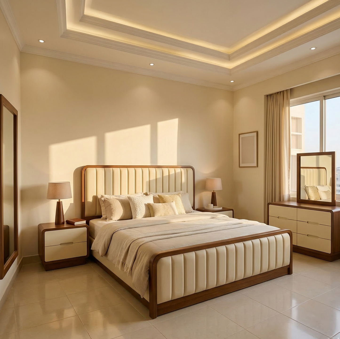 Adouer Wood Premium Upholstered King Bed Set – Handcrafted Wood Frame with Vertical Channel Tufting