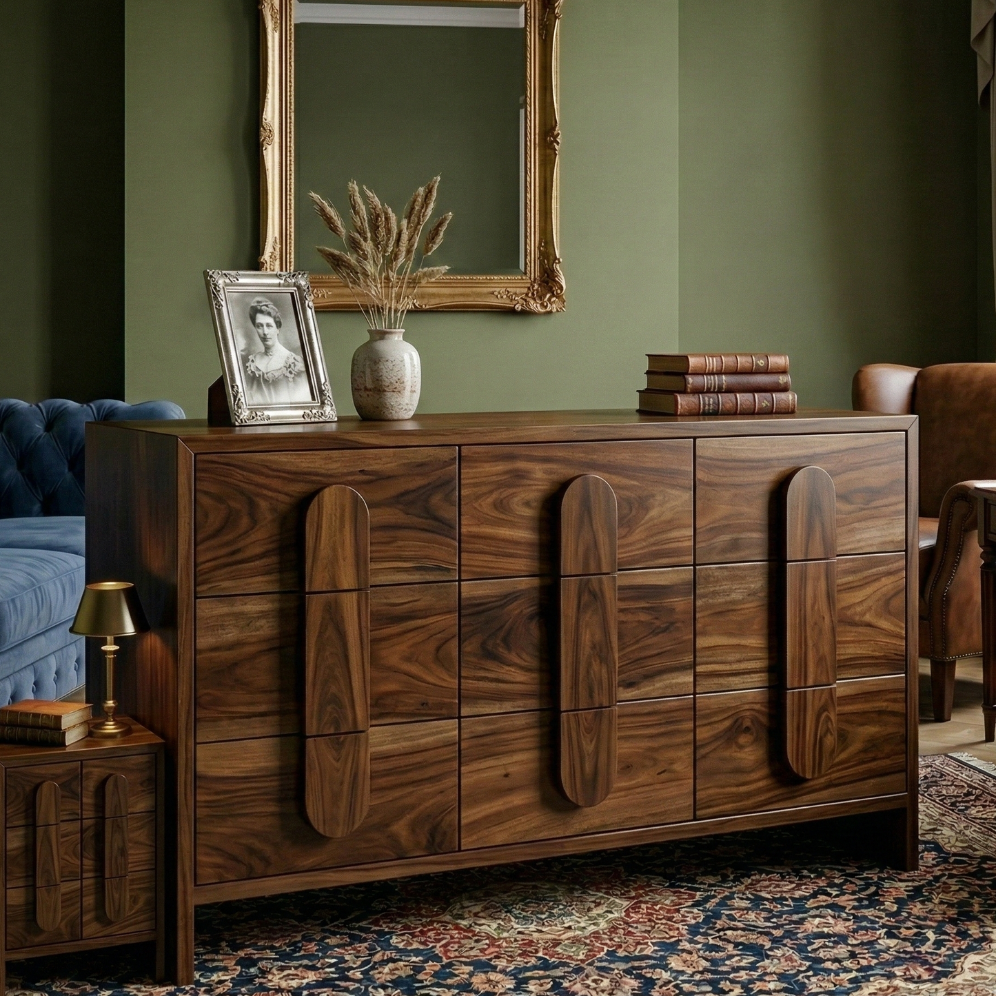 ADOUER WOOD Solid Wood Sideboard with Elliptical Overlay Design – 6-Drawers