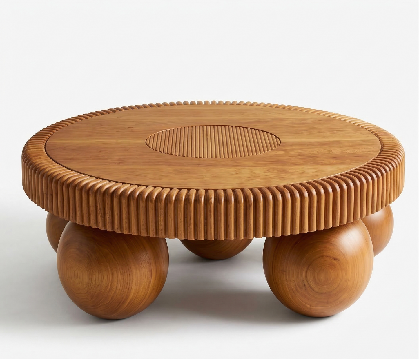 ADOUER WOOD Handcrafted Ribbed Solid Wood Round Coffee Table – Modern Sculptural Center Table with Sphere Legs
