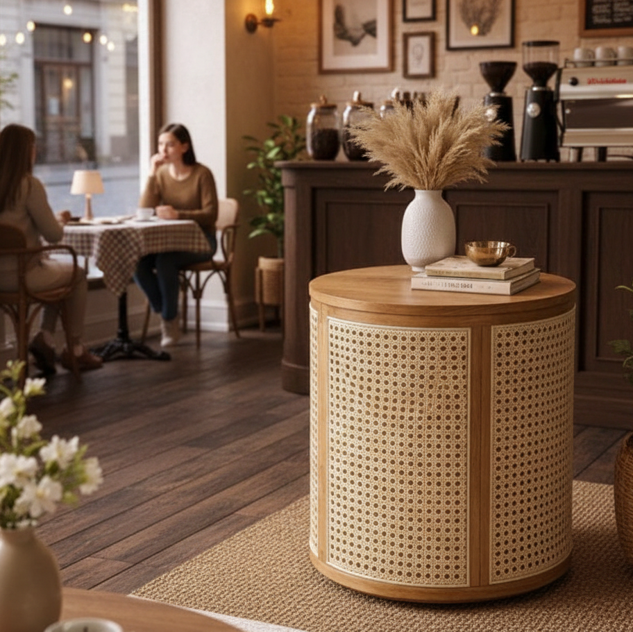 ADOUER WOOD Round Rattan Cane Side Table - Boho Drum End Table with Natural Wood Finish