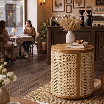 ADOUER WOOD Round Rattan Cane Side Table - Boho Drum End Table with Natural Wood Finish