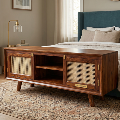 ADOUER WOOD Handcrafted Solid Wood TV Unit with Natural Rattan Cane Doors