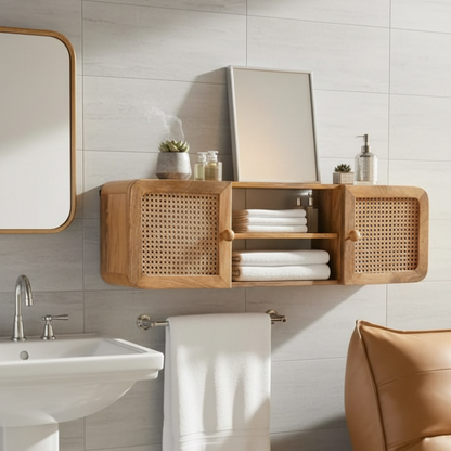 ADOUER WOOD Mid-Century Modern Floating Wood & Rattan Cane Media Console Cabinet