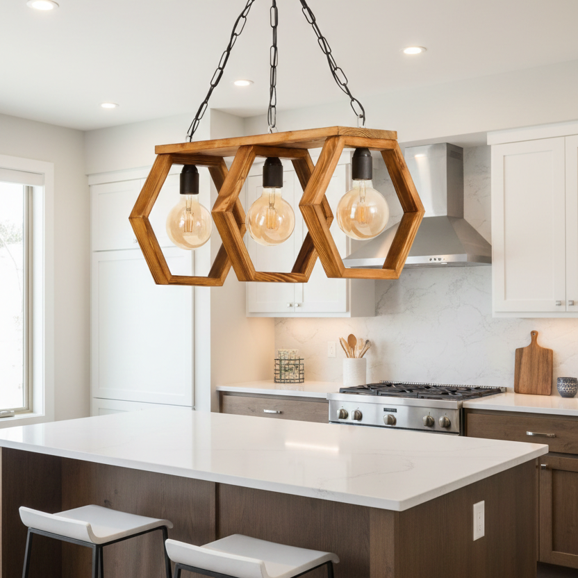 ADOUER WOOD 3-Light Hexagon Wooden Chandelier, Industrial Hanging Pendant Light for Dining Room & Kitchen Island