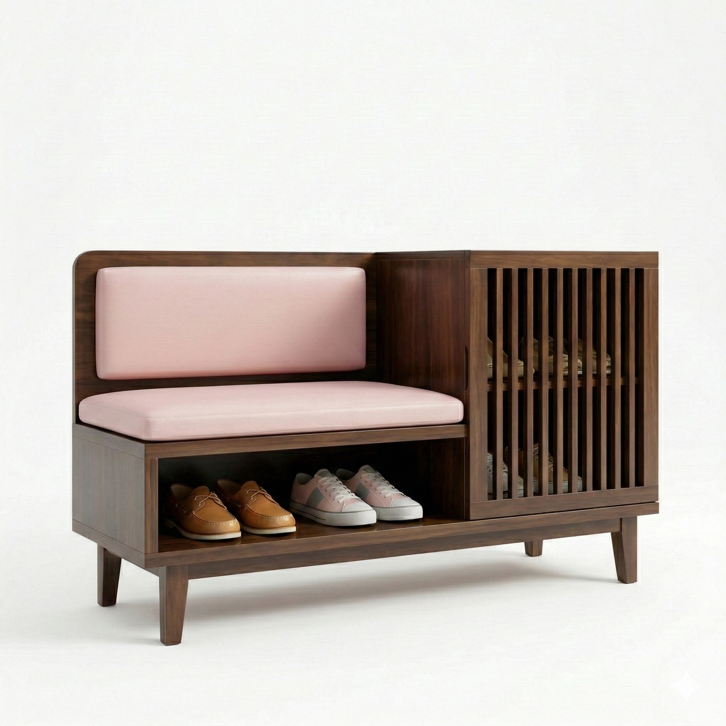ADOUER WOOD Modern Entryway Shoe Rack Bench with Padded Seating & Slatted Storage Cabinet