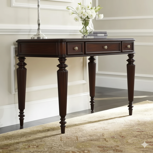 Adouer Wood "Aaylie Solid Wood Writing Desk – 42'' Classic Carved Desk with Fluted Legs and Rich Walnut Finish"