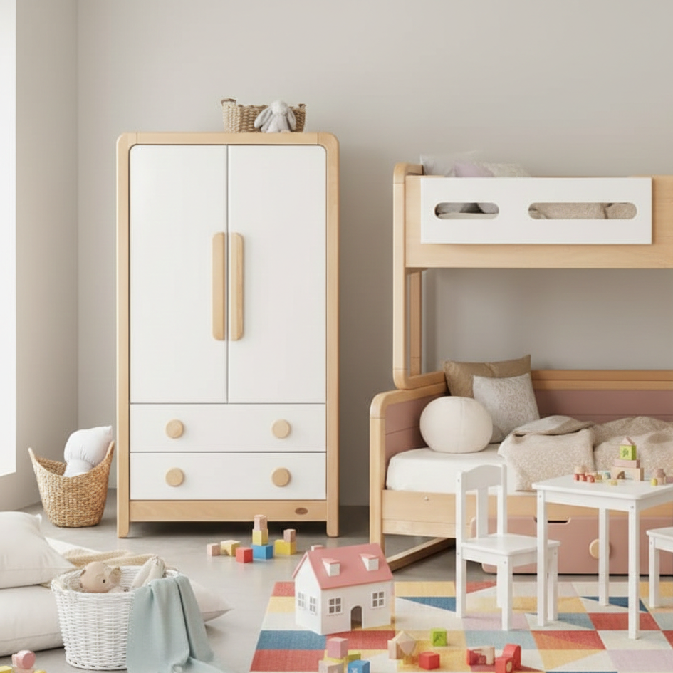 ADOUER WOOD  Solid Wood Modern 2-Door Children’s Armoire with Drawers - Two-Tone Wood