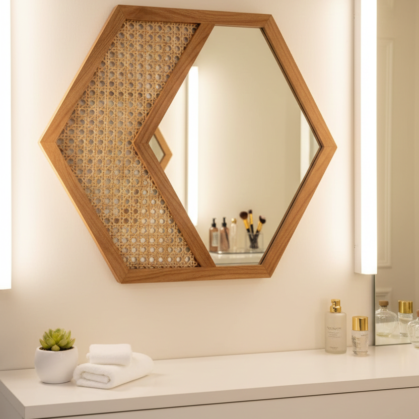 ADOUER WOOD Hexagonal Acacia Wood Wall Mirror with Natural Cane Webbing