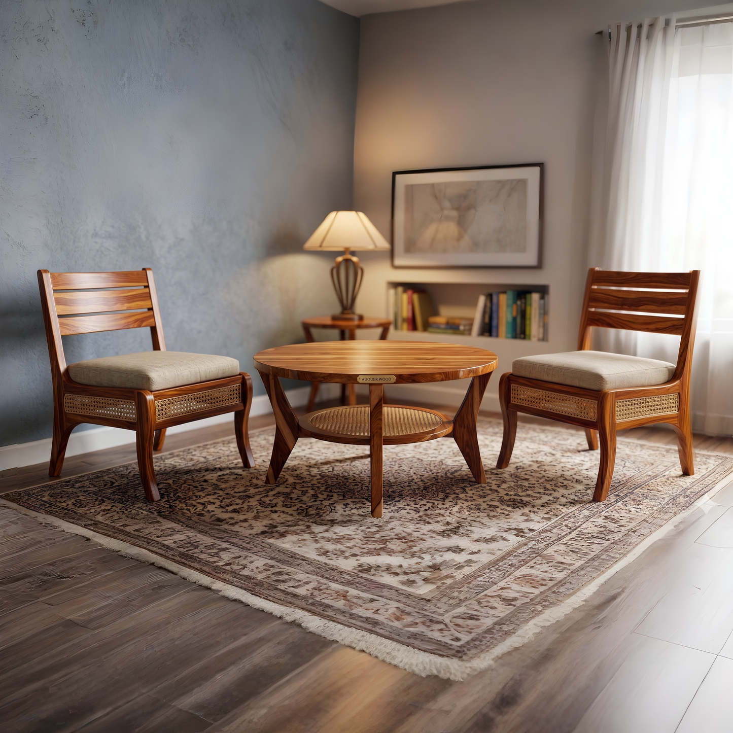 Adouer Wood Round Sheesham Coffee Table with Cane Shelf