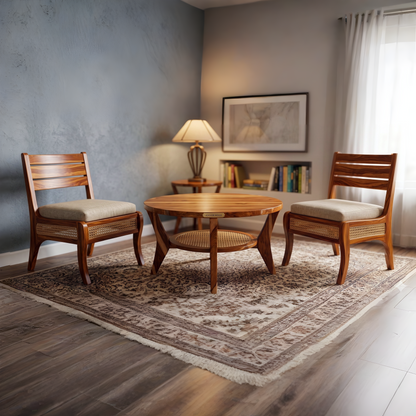 Adouer Wood Round Sheesham Coffee Table with Cane Shelf
