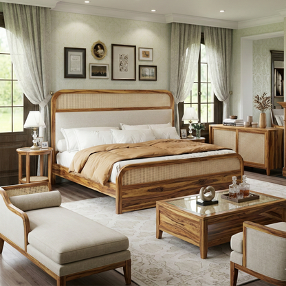 Adouer Wood Solid Wood Bed Natural Rattan Cane Weave & Upholstered Headboard