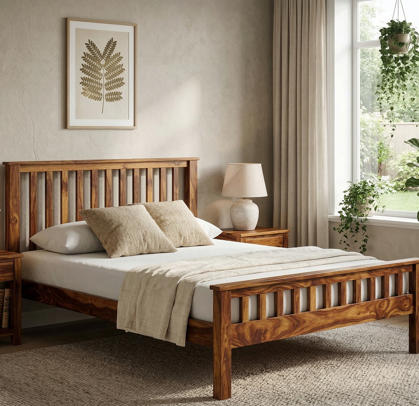 ADOUER WOOD Solid Wood Platform Bed with a slatted headboard and footboard