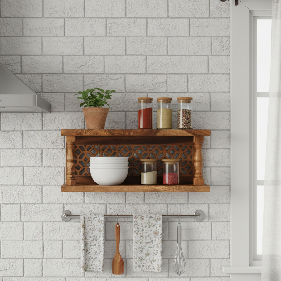 ADOUER WOOD Floating Wall Shelf with Traditional Jali Carving and Turned Pillars