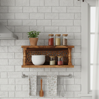 ADOUER WOOD Floating Wall Shelf with Traditional Jali Carving and Turned Pillars