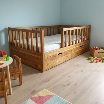 ADOUER WOOD Solid Wood Montessori Floor Bed with Safety Rails and Storage Drawers