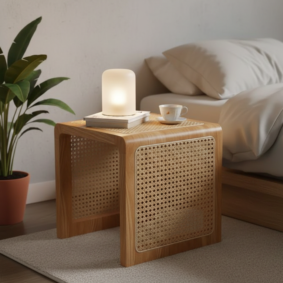 ADOUER WOOD Mid-Century Modern Cane Stool – Solid Wood Square Side Table