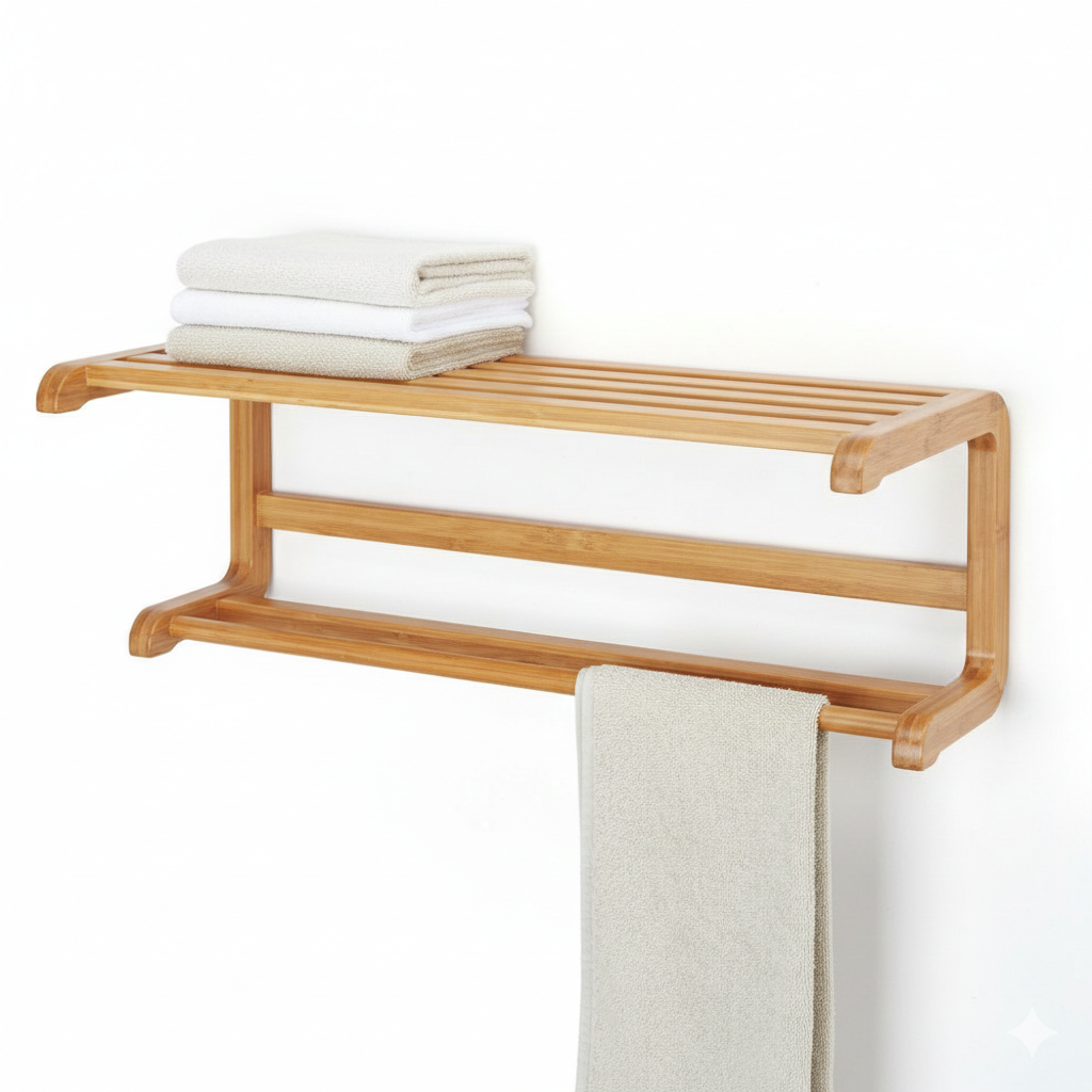 ADOUER WOOD 2-Tier Solid Wood Wall-Mounted Towel Rack with Floating Storage Shelf