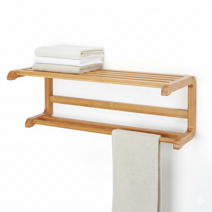 ADOUER WOOD 2-Tier Solid Wood Wall-Mounted Towel Rack with Floating Storage Shelf