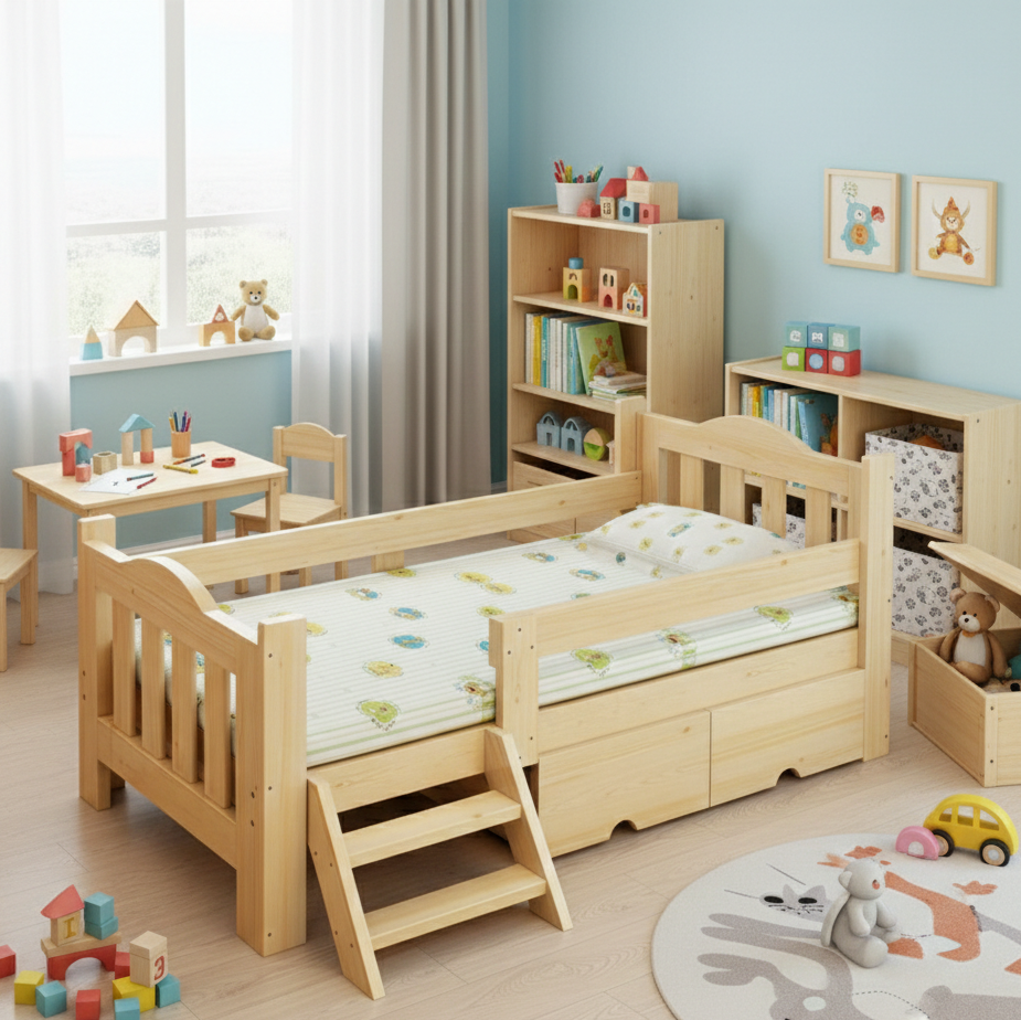 ADOUER WOOD Toddler Bed with Safety Guardrail, Storage Drawers, and Climbing Steps