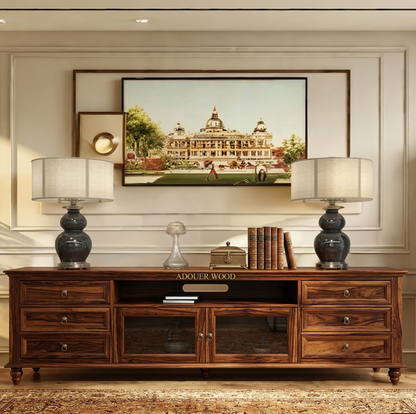 Adouer Wood Solid Acacia TV Console – 6-Drawer Mid-Century Modern Entertainment Center with Fiber Glass Doors