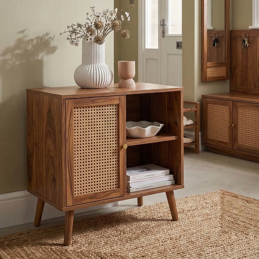 ADOUER WOOD Mid-Century Modern Nightstand with Rattan Door -Finish Cabinet