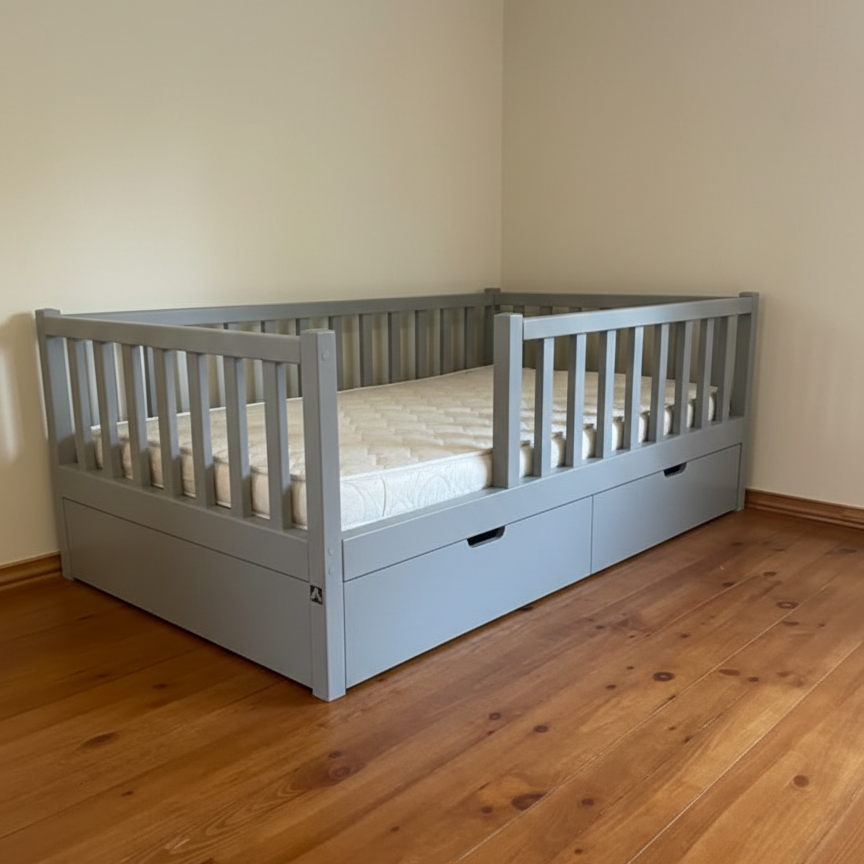 ADOUER WOOD Solid Wood Montessori Floor Bed with Safety Rails and Storage Drawers