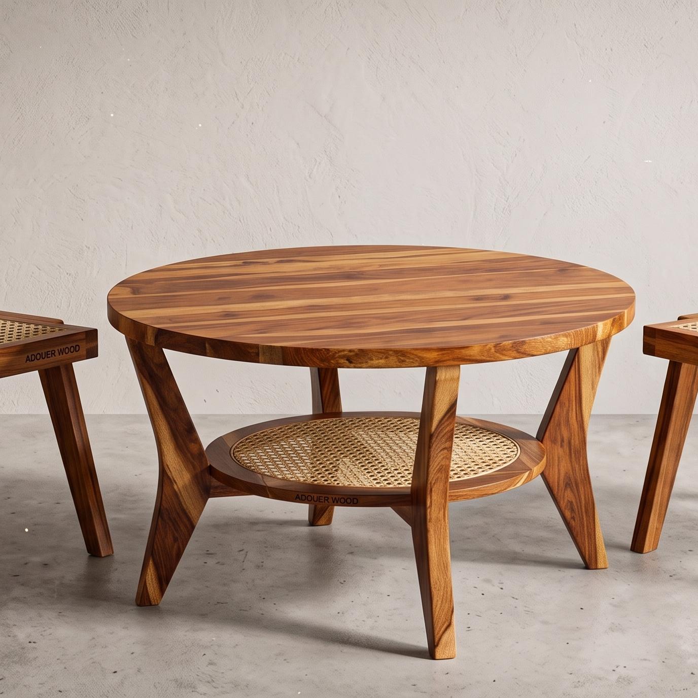 Adouer Wood Round Sheesham Coffee Table with Cane Shelf
