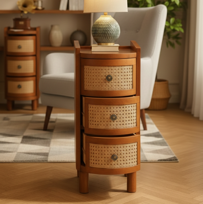 ADOUER WOOD Mid-Century Modern Round Cane Bedside Table - 3-Drawer Wood Nightstand with Rattan Detail