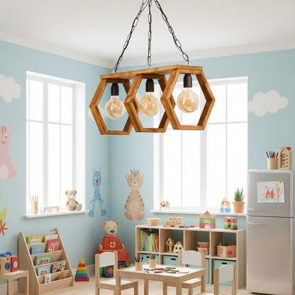 ADOUER WOOD 3-Light Hexagon Wooden Chandelier, Industrial Hanging Pendant Light for Dining Room & Kitchen Island