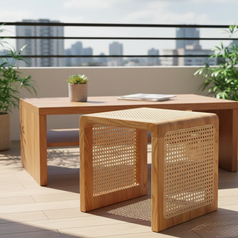 ADOUER WOOD Mid-Century Modern Cane Stool – Solid Wood Square Side Table
