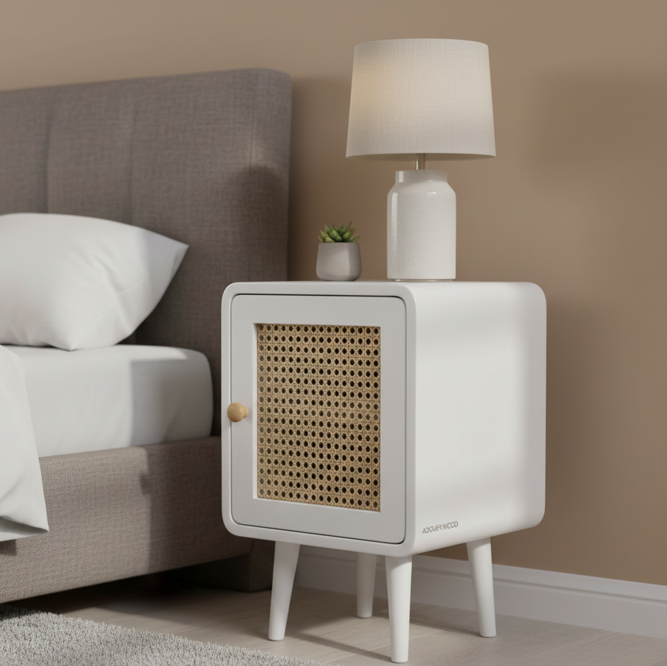 Adouer Wood Mid-Century Modern Rattan Bedside Table Wood Nightstand with Storage Door