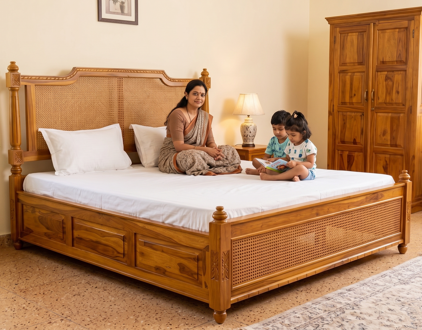 Adouer Wood Premium Sheesham Wood Bed with Cane Backrest | Honey Teak Finish
