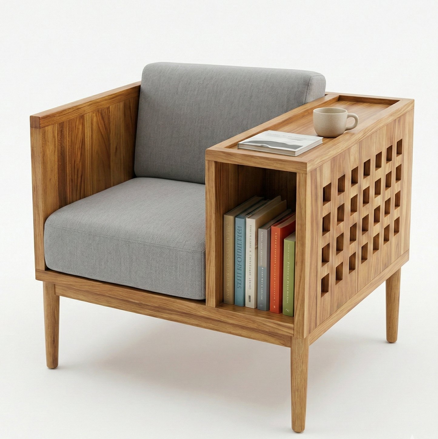 Acacia Wood Mid-Century Modern Teak Accent Chair with Built-in Bookshelf & Side Table