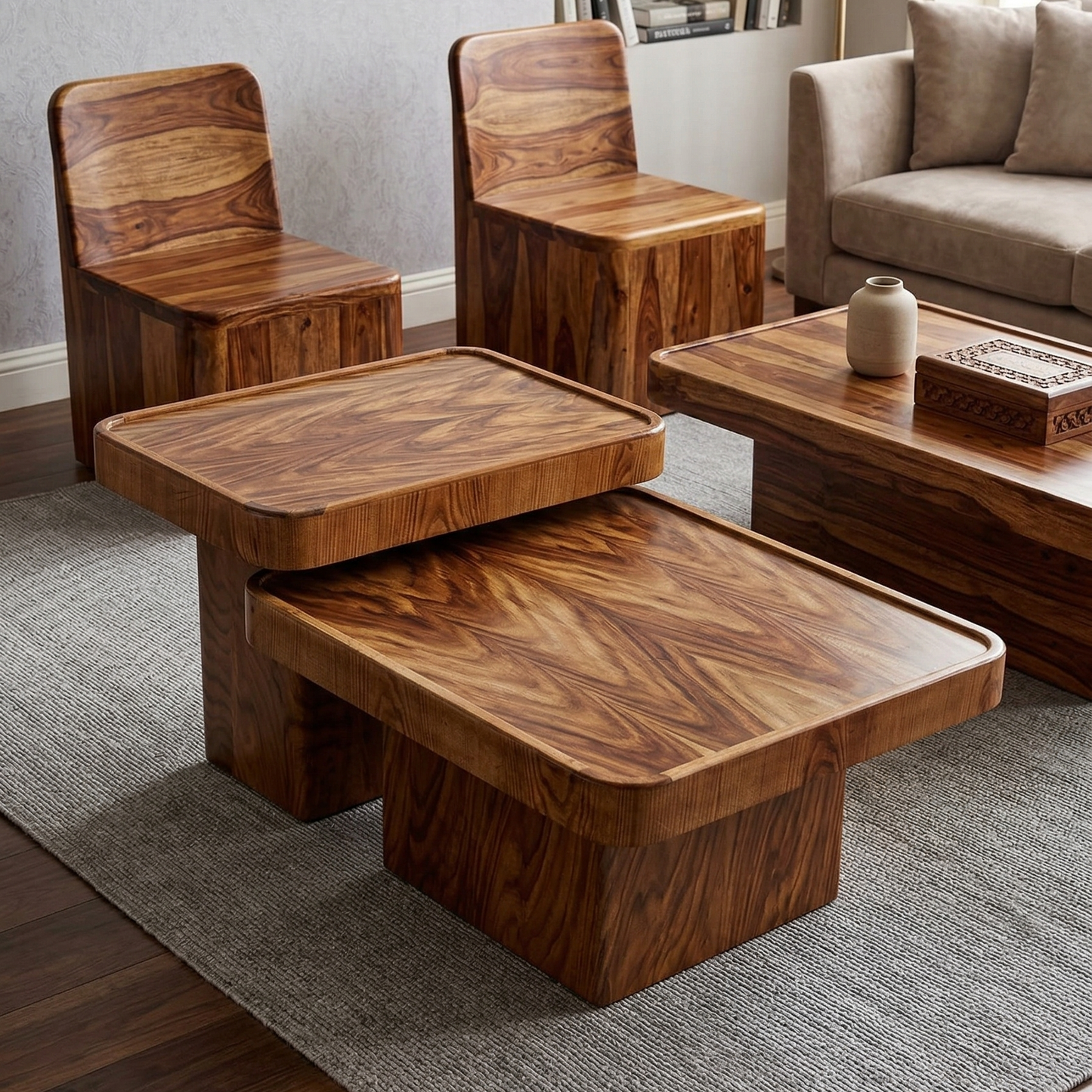 ADOUER WOOD Modern Nesting Coffee Table Set – 2-Piece Minimalist Plinth Style