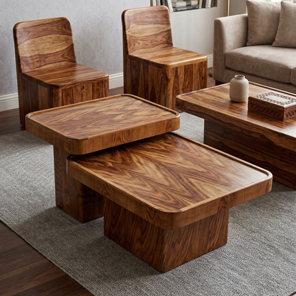 ADOUER WOOD Modern Nesting Coffee Table Set – 2-Piece Minimalist Plinth Style