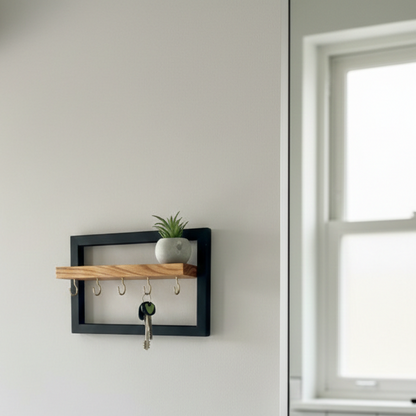 Acacia Wood Modern Entryway Key Holder & Floating Shelf – Solid Wood & Black Metal Frame Wall Decor