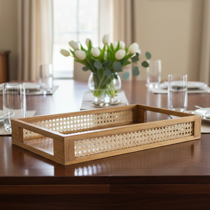 ADOUER WOOD Rectangular Wooden Serving Tray with Rattan Cane Inlay & Cutout Handles