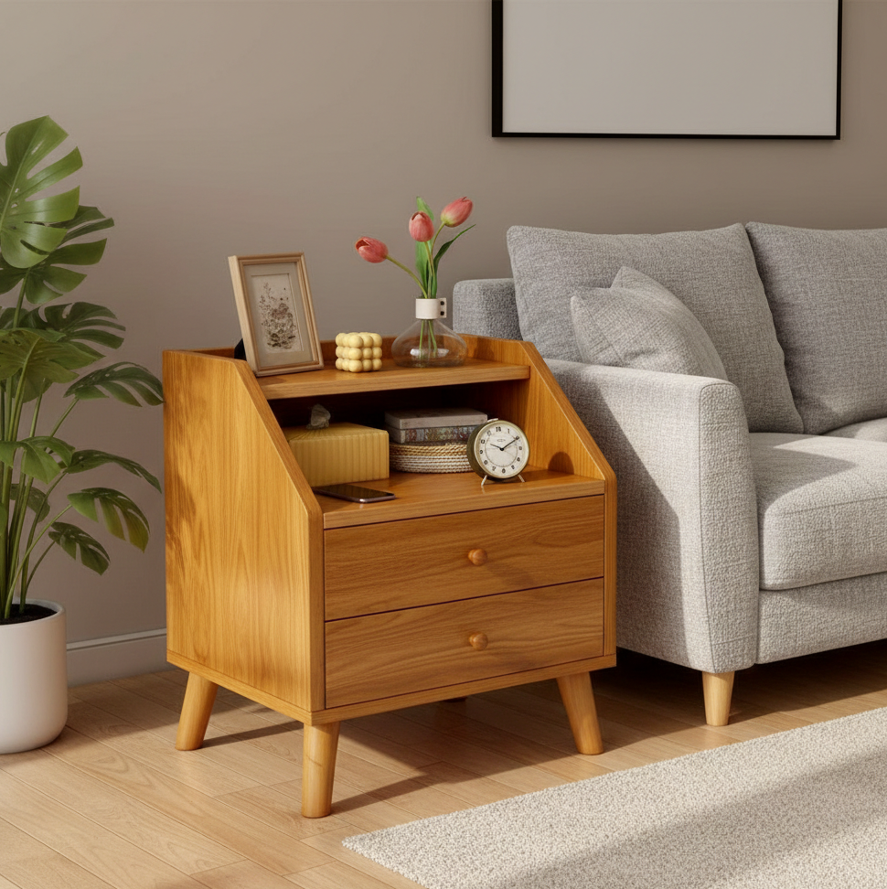 ADOUER WOOD Modern Acacia Wood Bedside Table with Open Drawers and Metal Channels