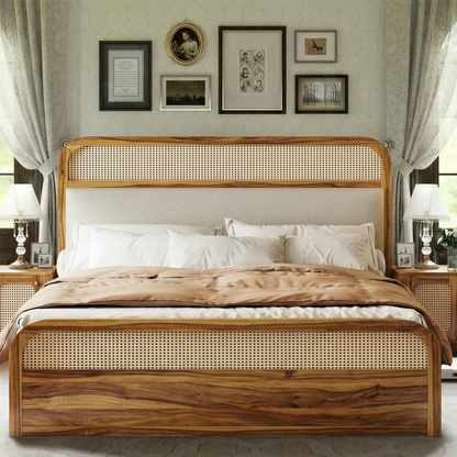 Adouer Wood Solid Wood Bed Natural Rattan Cane Weave & Upholstered Headboard