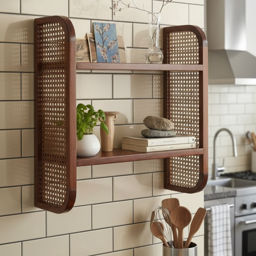 ADOUER WOOD Solid Wood & Rattan Cane Wall Shelf – 2-Tier Bohemian Floating Bookshelf
