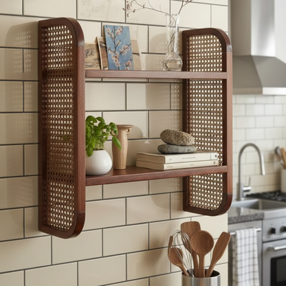 ADOUER WOOD Solid Wood & Rattan Cane Wall Shelf – 2-Tier Bohemian Floating Bookshelf