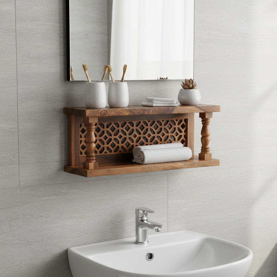 ADOUER WOOD Floating Wall Shelf with Traditional Jali Carving and Turned Pillars
