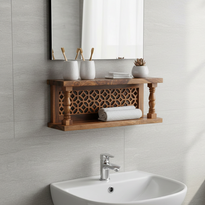 ADOUER WOOD Floating Wall Shelf with Traditional Jali Carving and Turned Pillars