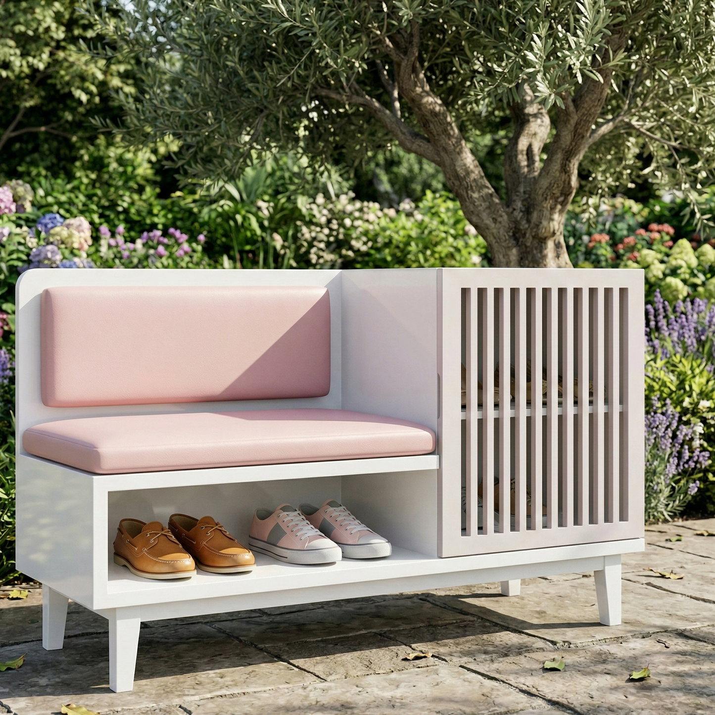ADOUER WOOD Modern Entryway Shoe Rack Bench with Padded Seating & Slatted Storage Cabinet