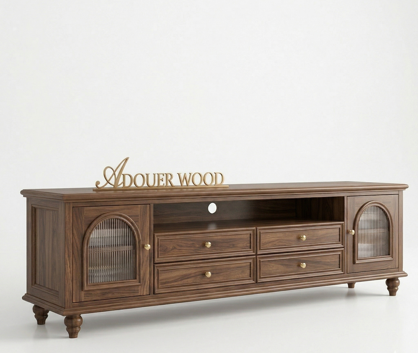 Adouer Wood Solid Walnut Wood TV Stand – 70" Mid-Century Modern Entertainment Center with Acrylic Glass Doors and 4 Drawers