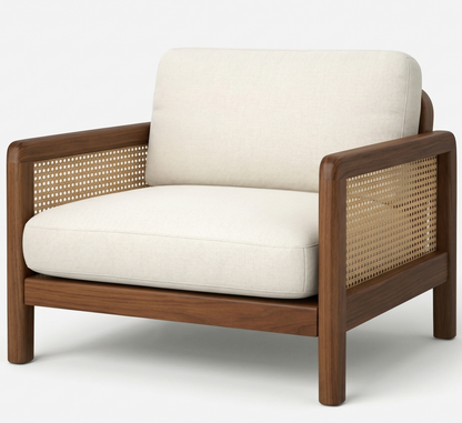 ADOUER WOOD Solid Wood Sofa with Natural Cane Backrest and Premium Fabric Cushions
