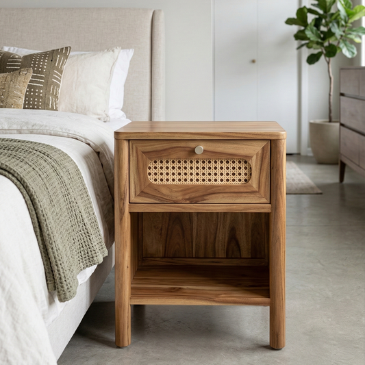 ADOUER WOOD The Elora Bedside Table: Minimalist Nightstand with Woven Cane Accents