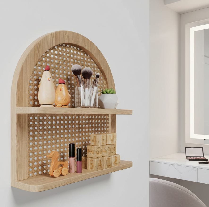 ADOUER WOOD Solid Wood The Arched Rattan Floating Display Shelf