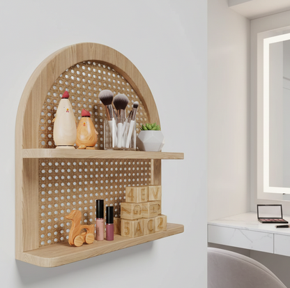 ADOUER WOOD Solid Wood The Arched Rattan Floating Display Shelf