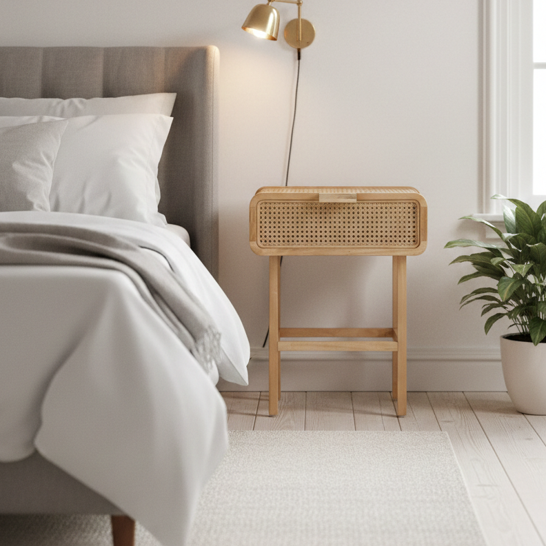 ADOUER WOOD Modern Rattan Solid Wood End Table with Cane Webbing Drawer & Curved Edges